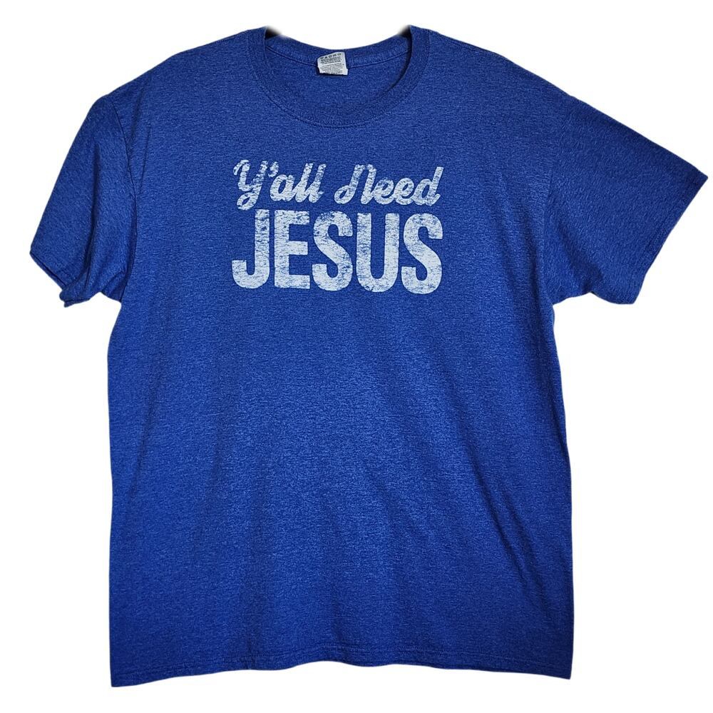 Men's Y'all Need Jesus Cotton T Shirt Heather Blue